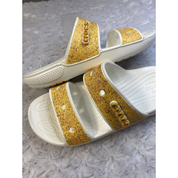 CROCS Classic Glitter Sandal White/Orange Sherbet Slip On Slide Sandal Sz 8 W - Picture 2 of 8